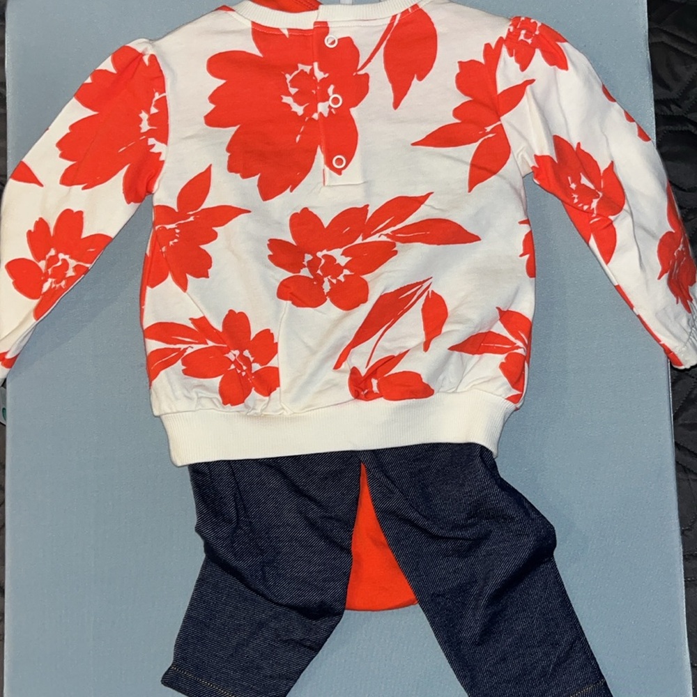 Cutest outfit made by Carter 18 months, three-piece orange, white and denim